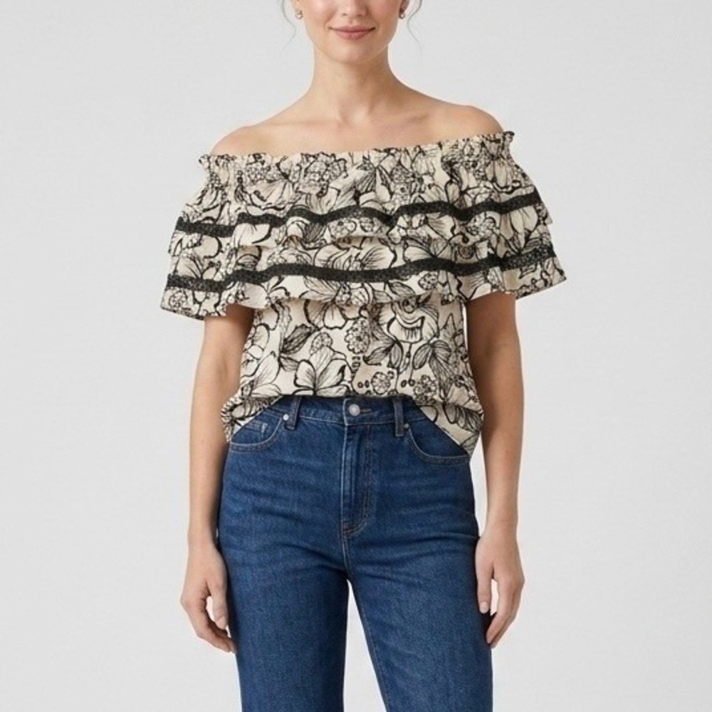 Mi Golondrina Cream Black Floral Off Shoulder Ruffle Lace Trim Blouse Size Small